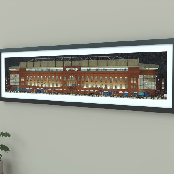 A panoramic illustration of fans walking to Ibrox at night in the snow, heading to the game with the stadium lit up in the background.