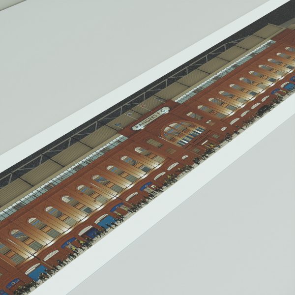 A panoramic illustration of fans walking to Ibrox at night in the snow, heading to the game with the stadium lit up in the background.