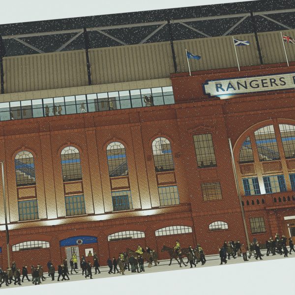 A panoramic illustration of fans walking to Ibrox at night in the snow, heading to the game with the stadium lit up in the background.