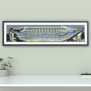 A panoramic cross-sectional illustration of Tottenham Hotspur Stadium on a Champions League night, with fans in the stands and the pitch lit by bright floodlights.
