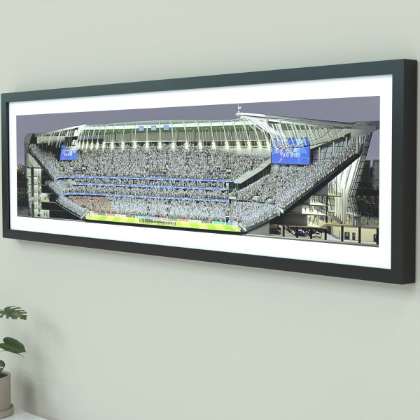 A panoramic cross-sectional illustration of Tottenham Hotspur Stadium on a Champions League night, with fans in the stands and the pitch lit by bright floodlights.