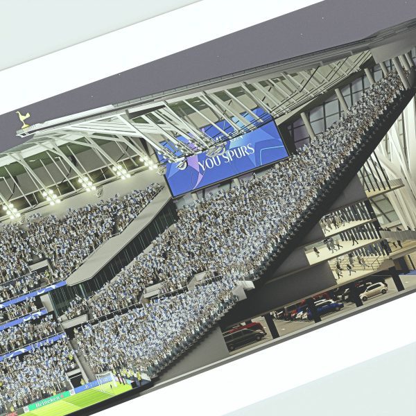 A panoramic cross-sectional illustration of Tottenham Hotspur Stadium on a Champions League night, with fans in the stands and the pitch lit by bright floodlights.
