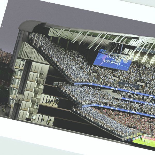 A panoramic cross-sectional illustration of Tottenham Hotspur Stadium on a Champions League night, with fans in the stands and the pitch lit by bright floodlights.