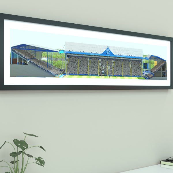 A panoramic cross-sectional illustration of Sheffield Wednesday’s Hillsborough Stadium during a daytime match, with fans in the stands and the pitch under clear skies.