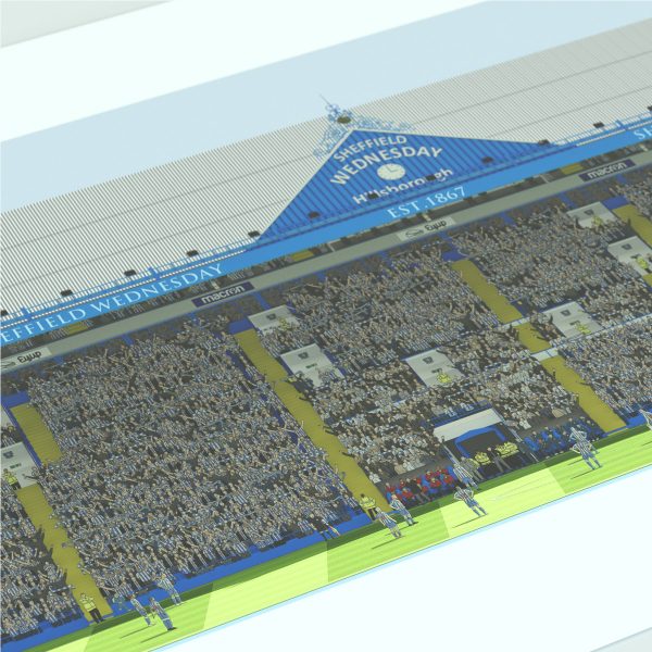 A panoramic cross-sectional illustration of Sheffield Wednesday’s Hillsborough Stadium during a daytime match, with fans in the stands and the pitch under clear skies.