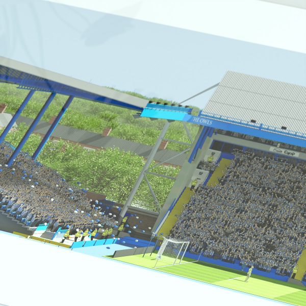 A panoramic cross-sectional illustration of Sheffield Wednesday’s Hillsborough Stadium during a daytime match, with fans in the stands and the pitch under clear skies.