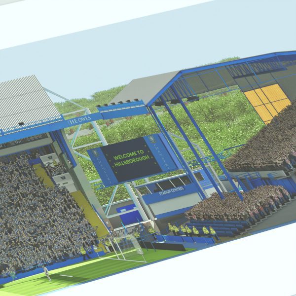 A panoramic cross-sectional illustration of Sheffield Wednesday’s Hillsborough Stadium during a daytime match, with fans in the stands and the pitch under clear skies.