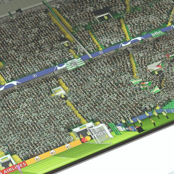 A panoramic cross-sectional illustration of Celtic Park on a Champions League night, with fans in the stands and the pitch illuminated by floodlights.
