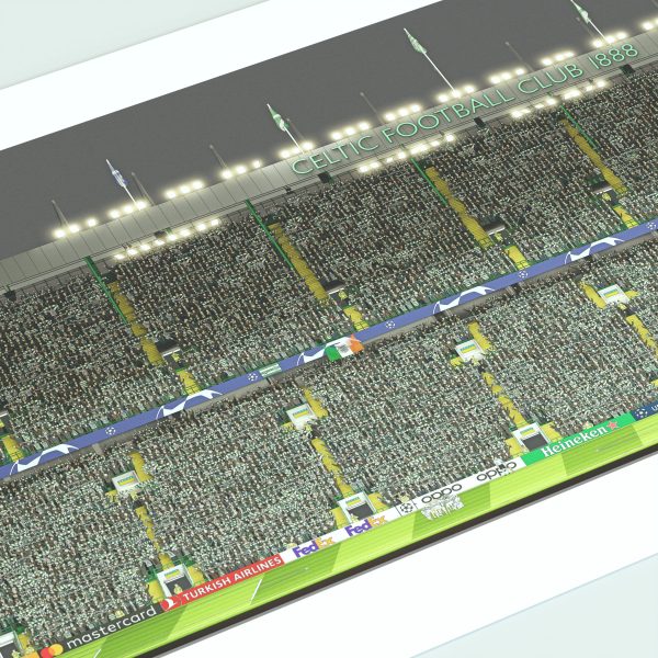 A panoramic cross-sectional illustration of Celtic Park on a Champions League night, with fans in the stands and the pitch illuminated by floodlights.