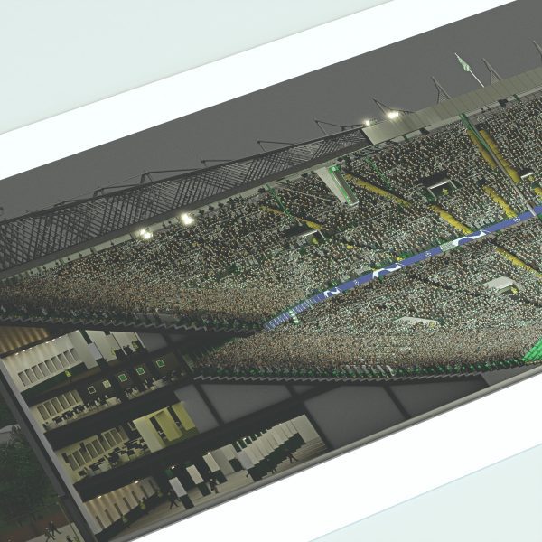 A panoramic cross-sectional illustration of Celtic Park on a Champions League night, with fans in the stands and the pitch illuminated by floodlights.