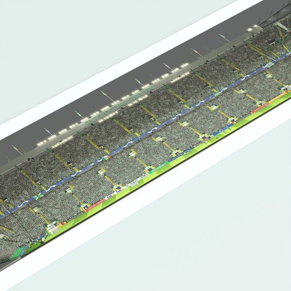 A panoramic cross-sectional illustration of Celtic Park on a Champions League night, with fans in the stands and the pitch illuminated by floodlights.