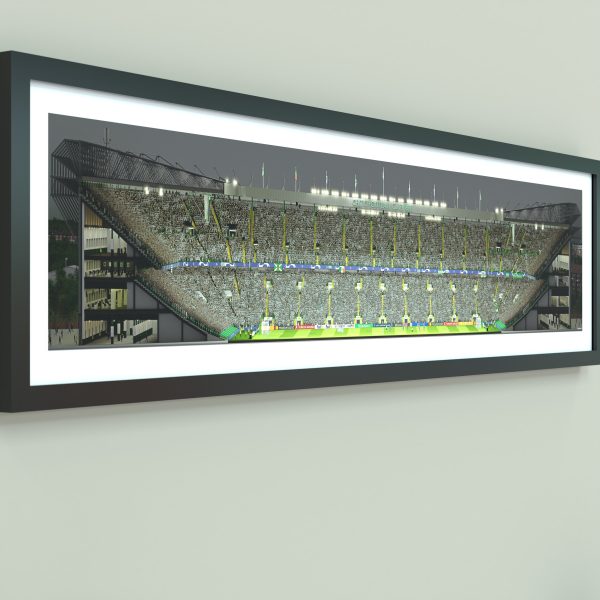 A panoramic cross-sectional illustration of Celtic Park on a Champions League night, with fans in the stands and the pitch illuminated by floodlights.