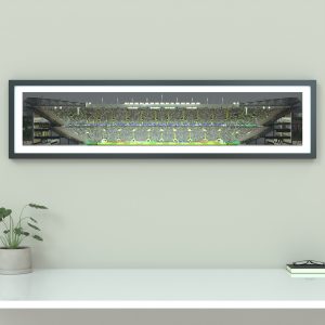 A panoramic cross-sectional illustration of Celtic Park on a Champions League night, with fans in the stands and the pitch illuminated by floodlights.