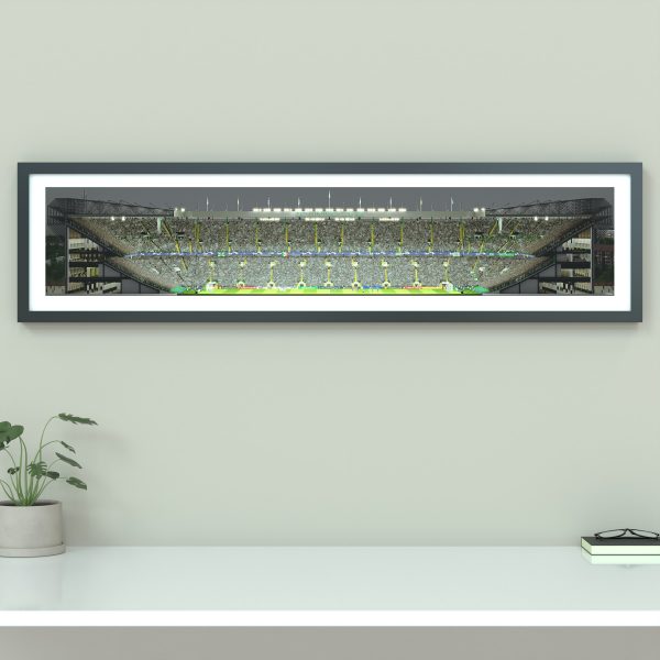 A panoramic cross-sectional illustration of Celtic Park on a Champions League night, with fans in the stands and the pitch illuminated by floodlights.