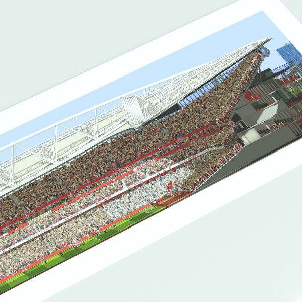 A panoramic cross-sectional illustration of Arsenal's Emirates Stadium during a Premier League match, with fans in the stands and the pitch under daylight.
