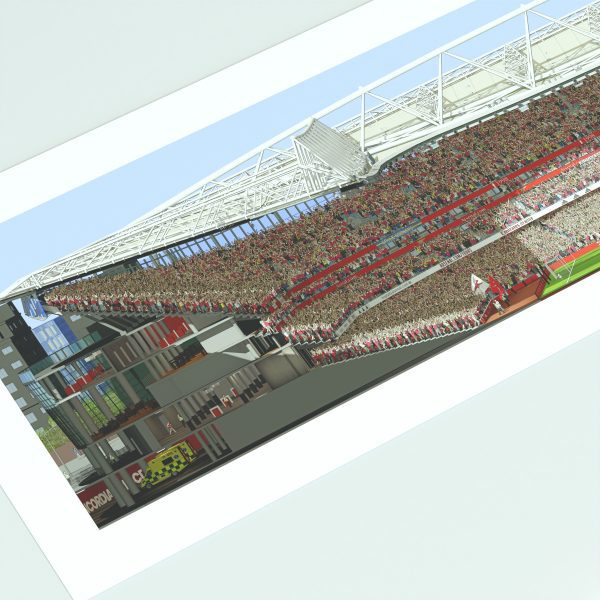 A panoramic cross-sectional illustration of Arsenal's Emirates Stadium during a Premier League match, with fans in the stands and the pitch under daylight.