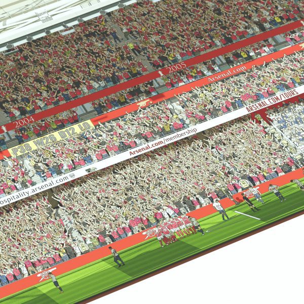 A panoramic cross-sectional illustration of Arsenal's Emirates Stadium during a Premier League match, with fans in the stands and the pitch under daylight.