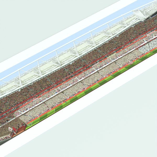 A panoramic cross-sectional illustration of Arsenal's Emirates Stadium during a Premier League match, with fans in the stands and the pitch under daylight.