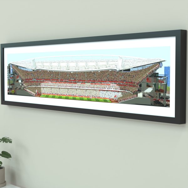 A panoramic cross-sectional illustration of Arsenal's Emirates Stadium during a Premier League match, with fans in the stands and the pitch under daylight.