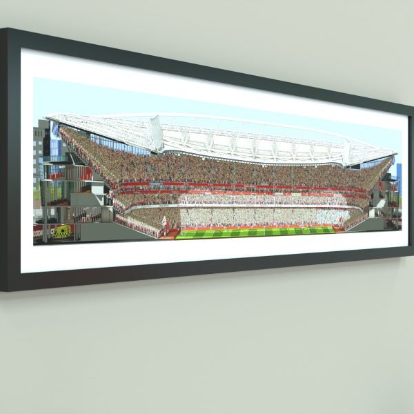 A panoramic cross-sectional illustration of Arsenal's Emirates Stadium during a Premier League match, with fans in the stands and the pitch under daylight.