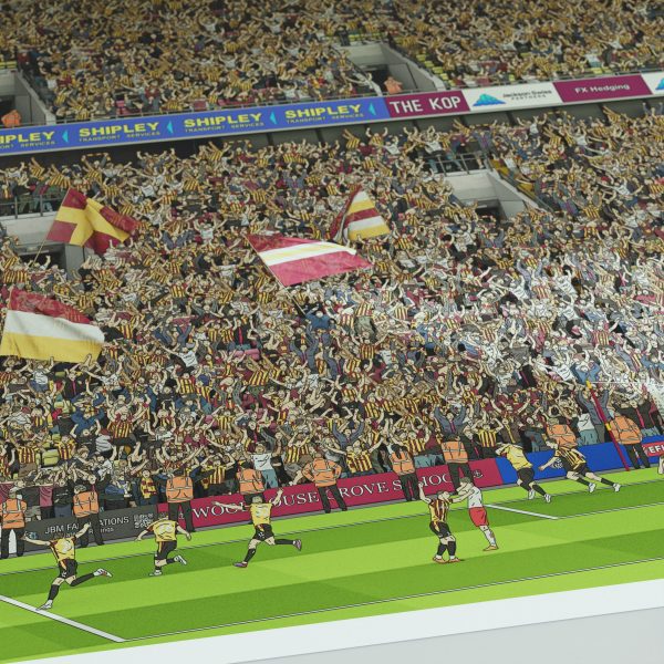 Illustration of Bradford City players celebrating promotion at Valley Parade