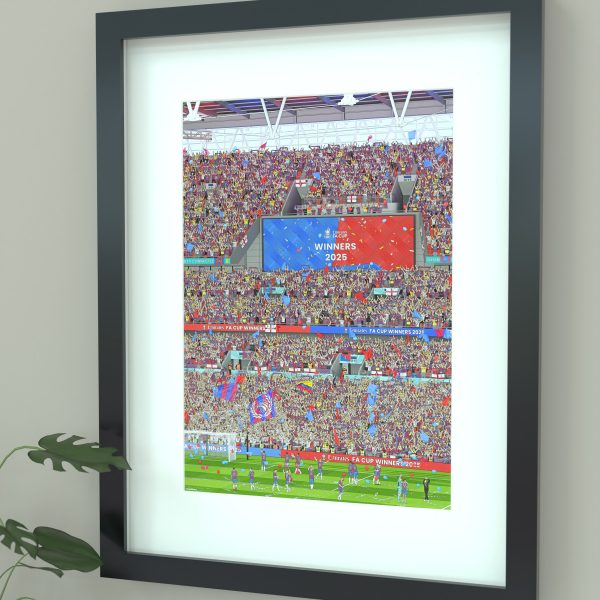Illustration of Crystal Palace players celebrating their 2025 FA Cup win at Wembley Stadium