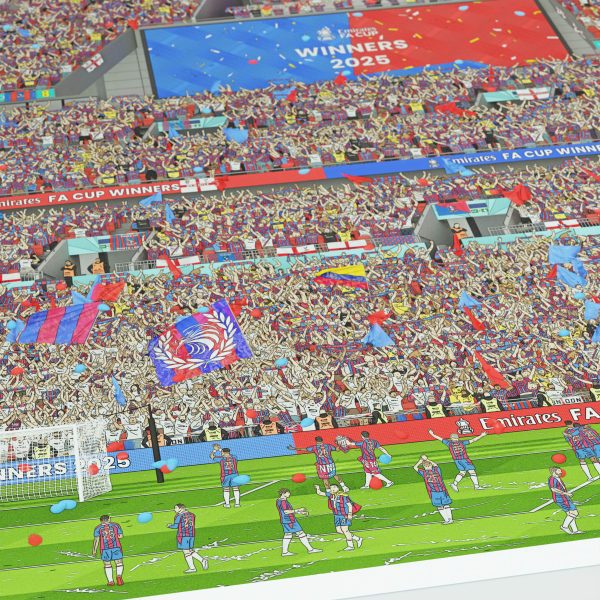 Illustration of Crystal Palace players celebrating their 2025 FA Cup win at Wembley Stadium