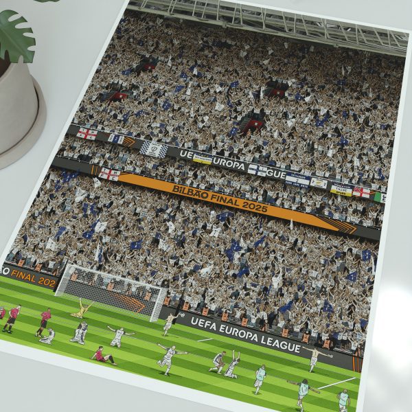 Football art print showing Tottenham's Europa League triumph on May 21st, 2025