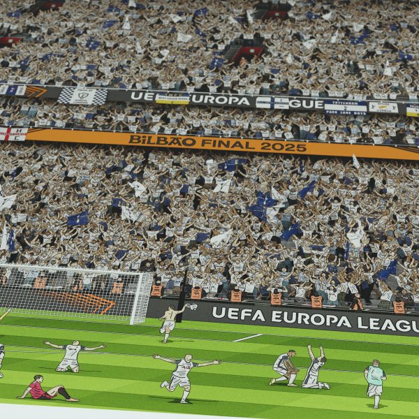 Illustration of Tottenham players celebrating after winning the 2025 Europa League Final